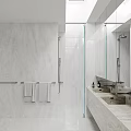 Modern Bathroom Interior With White Marble Walls Glass Shower Towel Rack Double Vanity And Mirror