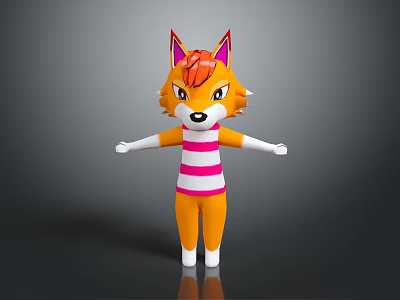 Cute Orange Fox Doll With Red Ears Pink Striped Shirt And Arms Outstretched 3d model