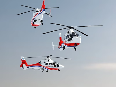 Three Red And White Helicopters Flying In Clear Blue Sky 3d model