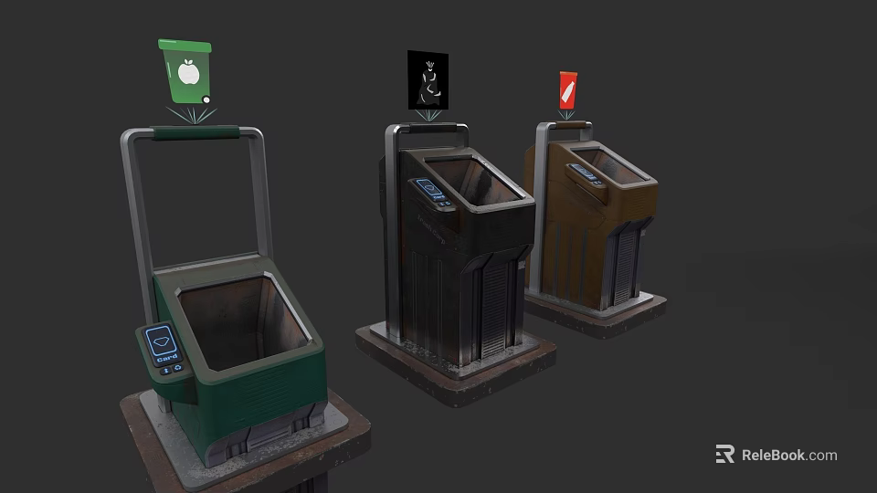 Electronic Waste Bins Smart Recycling Sorting With Different Colored Symbols For Organic Battery Plastic 3d model 