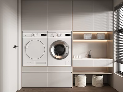 Modern Home Balcony With Washing Machine Dryer Sink White Cabinets Baskets And Blinds 3d model