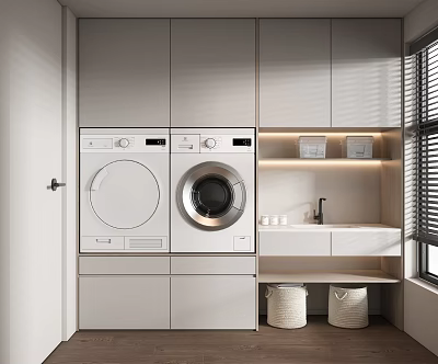Modern Home Balcony With Washing Machine Dryer Sink White Cabinets Baskets And Blinds 3d model