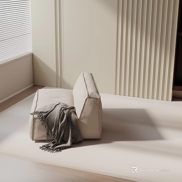 Beige Accent Chair With Gray Blanket Against Light Walls With Window Blinds And Vertical Stripes 3d model 
