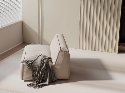 Beige Accent Chair With Gray Blanket Against Light Walls With Window Blinds And Vertical Stripes 3d model
