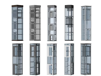Different Modern Elevator Models With Glass Panels And Metal Frames Displayed 3d model
