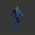Futuristic 3D Character With Blue Purple Techwear Armor And Digital Outfit