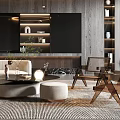 Modern Living Room Interior With White Sofa Round Coffee Table Rug TV Wall And Chandelier