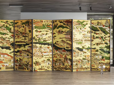 Chinese Classical Six Panel Golden Screen With Traditional Landscape Architecture Figures 3d model