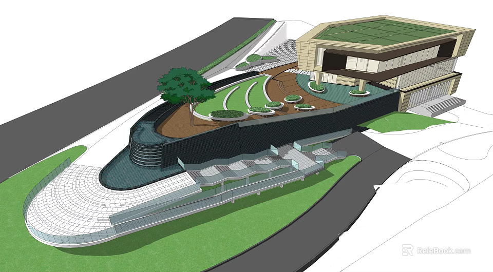 Modern Sales Office Building With Green Roof Lawn Trees And Landscaped Pathway 3d model 
