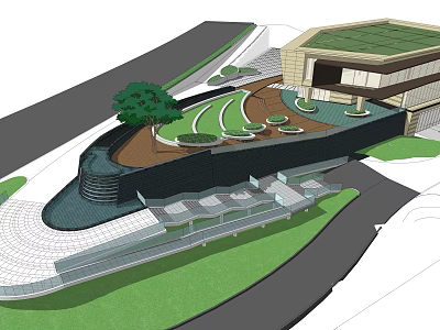 Modern Sales Office Building With Green Roof Lawn Trees And Landscaped Pathway 3d model