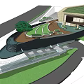 Modern Sales Office Building With Green Roof Lawn Trees And Landscaped Pathway