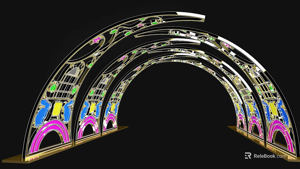 Curved Event Entrance Arch With Colorful Floral Decor And Illuminated Design 3d model 