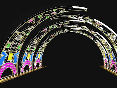 Curved Event Entrance Arch With Colorful Floral Decor And Illuminated Design 3d model