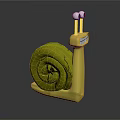 Yellow Snail Toy Figure With Big Eyes Smiling Mouth And Spiral Shell With Black Patterns