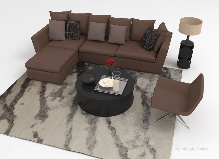 Brown L Shaped Sofa with Throw Pillows and Black Round Coffee Table on Gray White Pattern Rug 3d model 