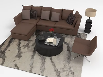 Brown L Shaped Sofa with Throw Pillows and Black Round Coffee Table on Gray White Pattern Rug 3d model