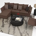 Brown L Shaped Sofa with Throw Pillows and Black Round Coffee Table on Gray White Pattern Rug