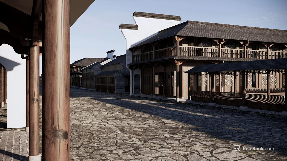 Traditional Commercial Street Featuring Stone Paved Road Wooden Architecture And Two Story Buildings 3d model 