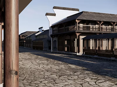 Traditional Commercial Street Featuring Stone Paved Road Wooden Architecture And Two Story Buildings 3d model