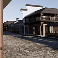 Traditional Commercial Street Featuring Stone Paved Road Wooden Architecture And Two Story Buildings