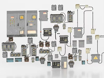 Various Types Of Industrial Equipment Including Control Panels And Electrical Components 3d model