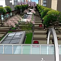 Bustling Urban Commercial Street With Pedestrians Modern Buildings Pedestrian Bridge And Trees
