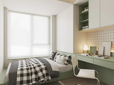 Modern Tatami Bedroom With Tatami Bed Black And White Checkered Quilt Green Desk And Blinds 3d model