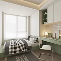 Modern Tatami Bedroom With Tatami Bed Black And White Checkered Quilt Green Desk And Blinds