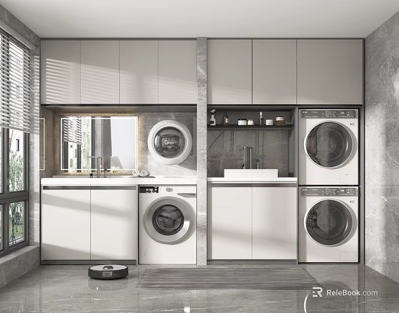 Elegant Modern Bathroom Cabinetry With Washing Machine Dryer Sink Mirror And Storage 3d model 