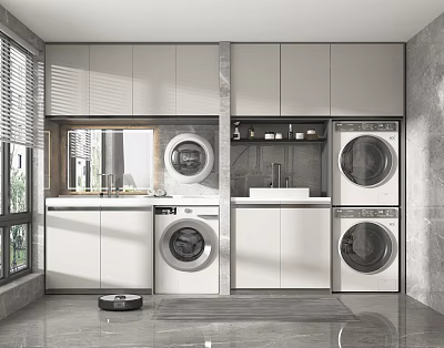 Elegant Modern Bathroom Cabinetry With Washing Machine Dryer Sink Mirror And Storage 3d model
