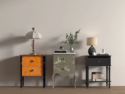 Vintage Style Bedside Tables With Orange Green Black Designs And Lamps Vase Books 3d model