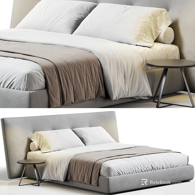 Modern Double Bed With Gray Headboard White Pillows Brown And White Bedspread And Side Table 3d model 