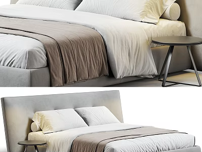 Modern Double Bed With Gray Headboard White Pillows Brown And White Bedspread And Side Table 3d model