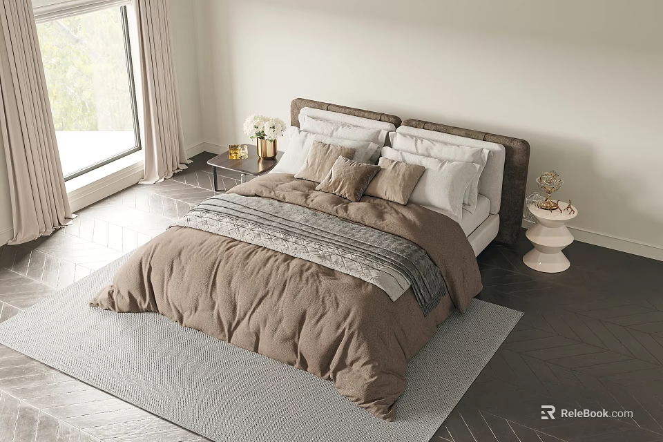 Cozy Double Bed With Brown Comforter Multiple Pillows Nightstand And Window Curtains 3d model 
