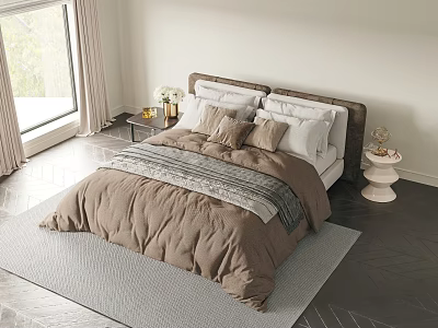Cozy Double Bed With Brown Comforter Multiple Pillows Nightstand And Window Curtains 3d model