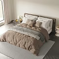 Cozy Double Bed With Brown Comforter Multiple Pillows Nightstand And Window Curtains 3d model
