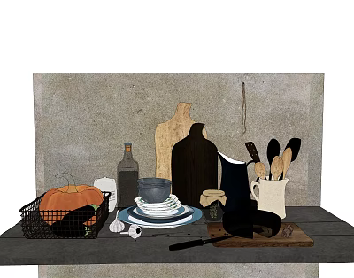 Tableware Set with Pumpkin Basket Bottle Bowls Pitcher Knives on Wooden Table against Gray Wall 3d model