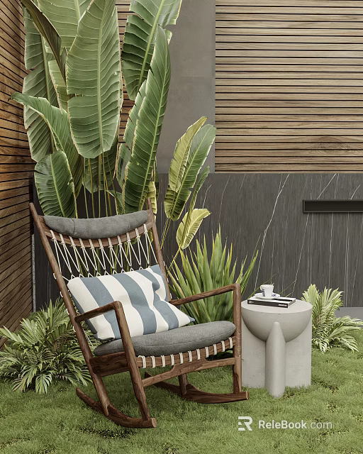 Outdoor Leisure Chair With Wooden Frame Woven Design Blue White Striped Cushion And Tropical Plants 3d model 
