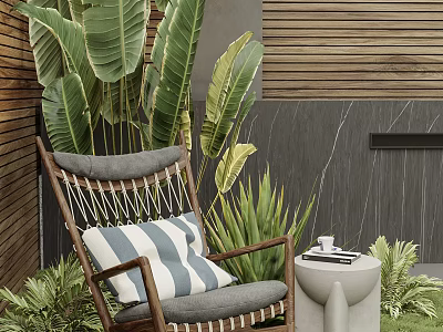 Outdoor Leisure Chair With Wooden Frame Woven Design Blue White Striped Cushion And Tropical Plants 3d model