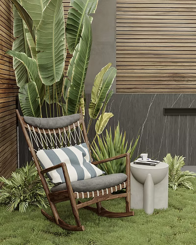 Outdoor Leisure Chair With Wooden Frame Woven Design Blue White Striped Cushion And Tropical Plants 3d model