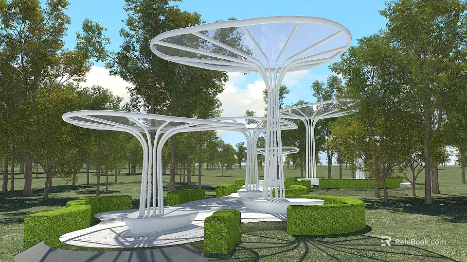 Modern White Arbor With Circular Transparent Roof And Surrounded By Trees And Hedges 3d model 