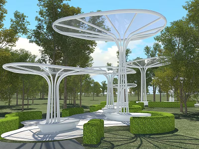 Modern White Arbor With Circular Transparent Roof And Surrounded By Trees And Hedges 3d model
