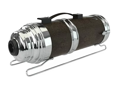 Portable Digital Device With Cylindrical Silver Metal Body Brown Accent Black Components And Metal Stand 3d model