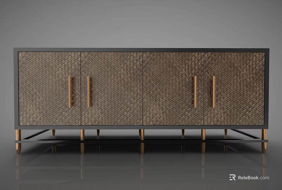 Modern Decorative Cabinet With Woven Texture Doors And Gold Metal Legs 3d model 