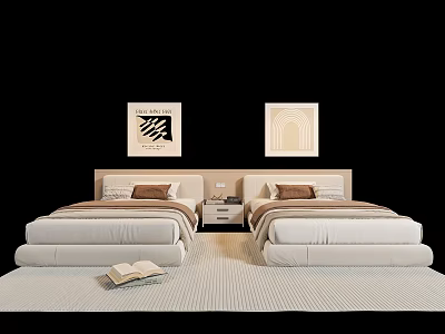 Two Single Beds In Modern Bedroom With Framed Artwork Nightstand Open Book And Soft Rug 3d model