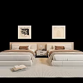 Two Single Beds In Modern Bedroom With Framed Artwork Nightstand Open Book And Soft Rug