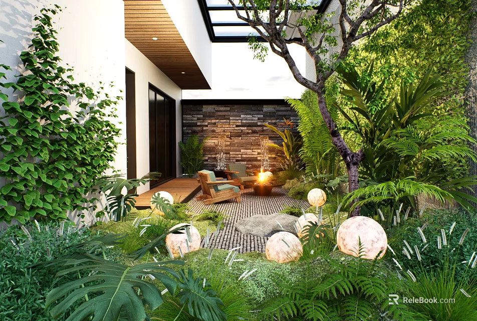 Modern Outdoor Garden Landscape With Lush Greenery Stone Wall Round Light Orbs And Fire Pit 3d model 