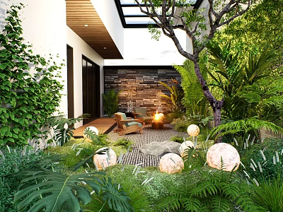 Modern Outdoor Garden Landscape With Lush Greenery Stone Wall Round Light Orbs And Fire Pit 3d model