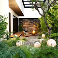 Modern Outdoor Garden Landscape With Lush Greenery Stone Wall Round Light Orbs And Fire Pit