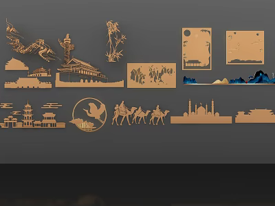 Chinese Style Wooden Wall Decor With Landscape Ancient Architecture And Bamboo Silhouettes 3d model